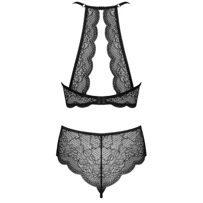 Conjunto de lingerie preta de renda com padrão floral e design de frente única.