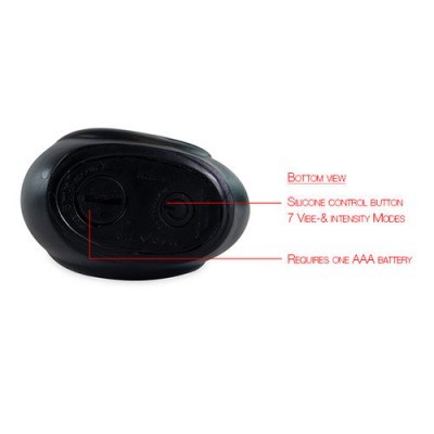 Parte inferior do dispositivo preto com botão de controlo e texto em fundo branco