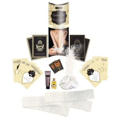 Kit de massagem com pena, frascos pequenos, cartões decorativos e fitas brancas