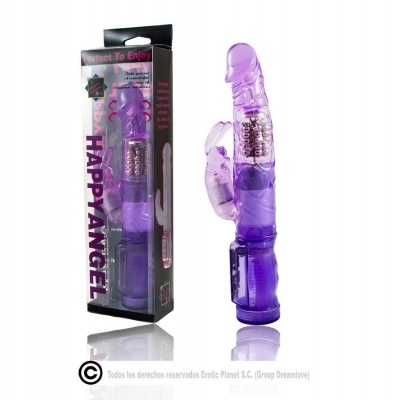 Vibrador roxo translúcido com estimulador externo em forma de coelho e embalagem preta
