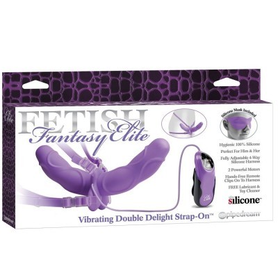 Fetish Fantasy Elite Vibrating Double Delight Strap-On em silicone roxo com harnais ajustável e controlo remoto