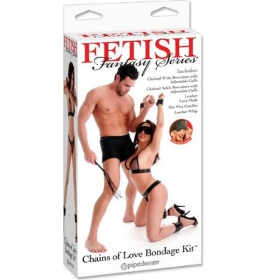Embalagem do kit de bondage 'Chains of Love Bondage Kit' da série Fetish Fantasy, com casal em trajes pretos e acessórios em couro.