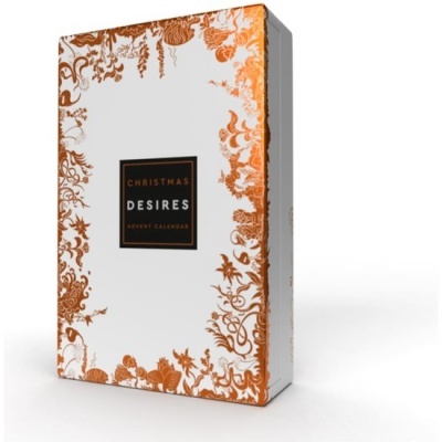 Caixa branca decorativa com texto Christmas Desires Advent Calendar