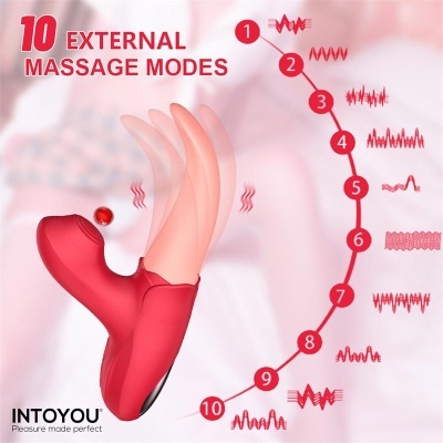 Dispositivo de massagem vermelho com 10 modos de massagem e fundo rosado