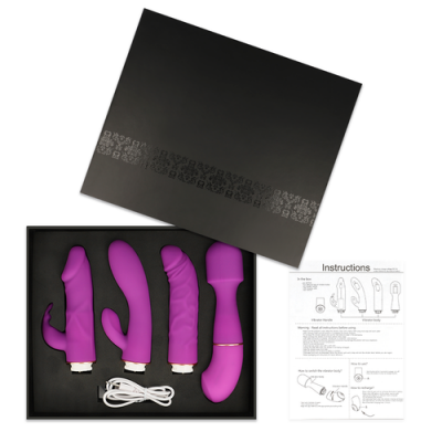 Caixa preta com quatro vibradores cor-de-rosa, cabo USB e instruções