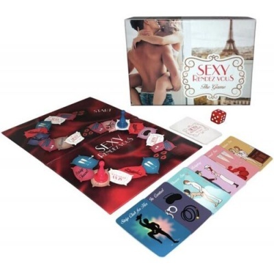 Jogo de tabuleiro Sexy Rendez Vous com cartas, peões, dado e caixa com imagem de casal e Torre Eiffel