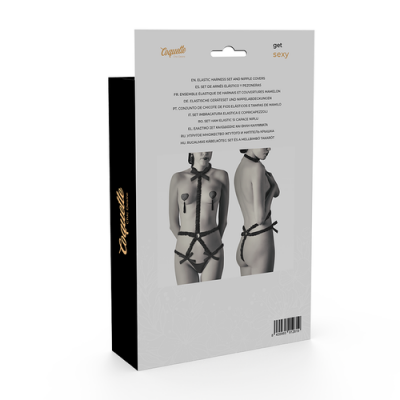 Embalagem de arnês de correias pretas ajustáveis para uso erótico