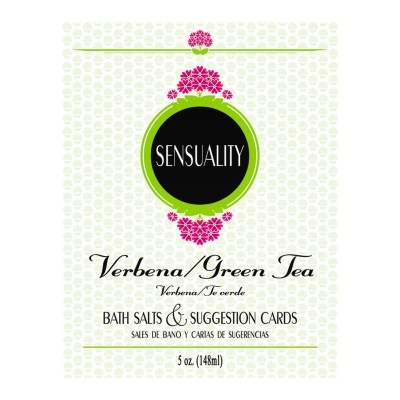 Embalagem de sais de banho e cartões de sugestões Verbena/Green Tea com design branco, verde e rosa