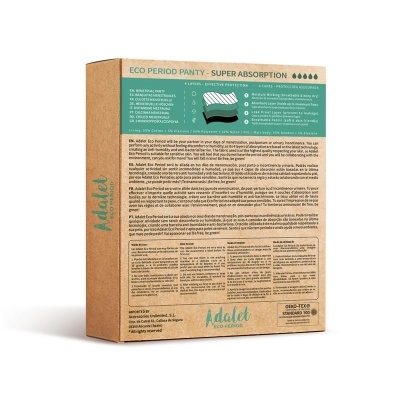 Embalagem castanha de cartão de roupa interior menstrual Adalet com texto e símbolos informativos