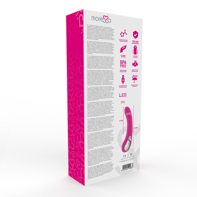 Embalagem de vibrador rosa com texto técnico e ícones informativos