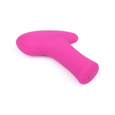 Objeto rosa ergonómico em silicone sobre fundo branco