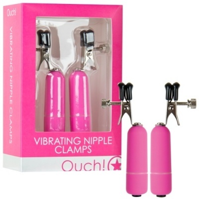 Conjunto de grampos vibratórios para mamilos rosa com metal prateado na embalagem rosa