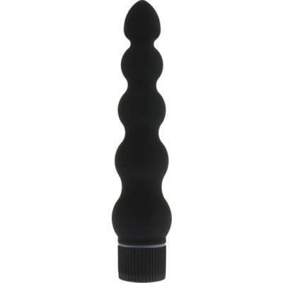 Vibrador preto com forma de esferas e base com botão giratório