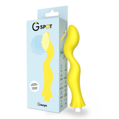 Sex toy G-spot amarelo com embalagem azul clara ao lado