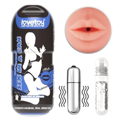 Masturbador masculino 'Lovetoy SEX IN A CAN' com textura boca e cápsulas vibratórias