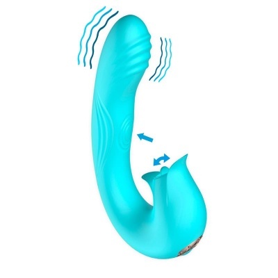 Vibrador azul curvo com texturas e área estimuladora em forma de lábio