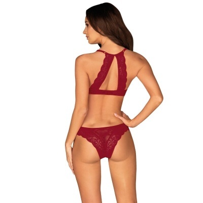 Conjunto de lingerie vermelho em renda com padrão floral, vista de costas.