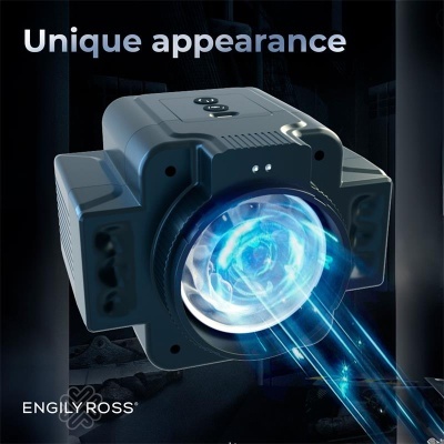 Dispositivo eletrônico cinza com lente iluminada azul em fundo escuro