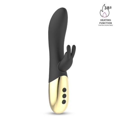 Vibrador preto e dourado com botões na base e símbolo de aquecimento 38º
