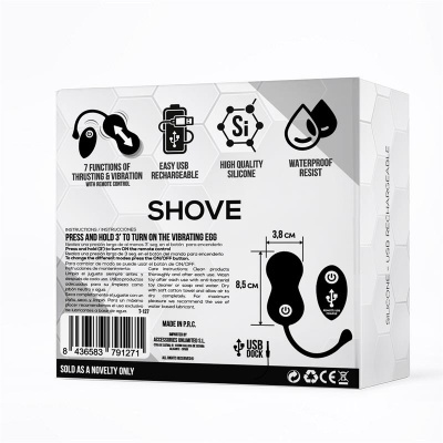 Embalagem branca de vibrador SHOVE com ícones e texto informativo em inglês.
