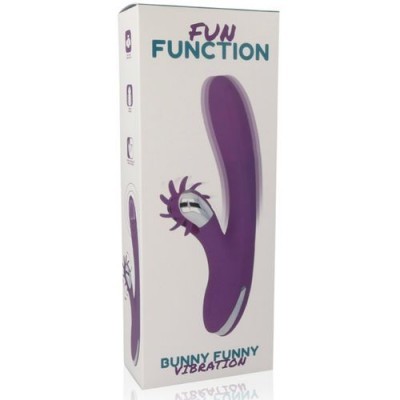 Caixa branca de vibrador roxo com texto FUN FUNCTION e BUNNY FUNNY VIBRATION