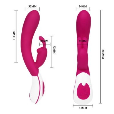 Vibrador de silicone cor rosa com parte branca e medidas em milímetros.
