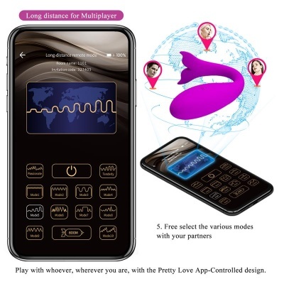 Dispositivo vibratório roxo com smartphone mostrando controlos de modos de vibração