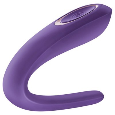Vibrador roxo curvado em silicone com botão circular e fundo branco