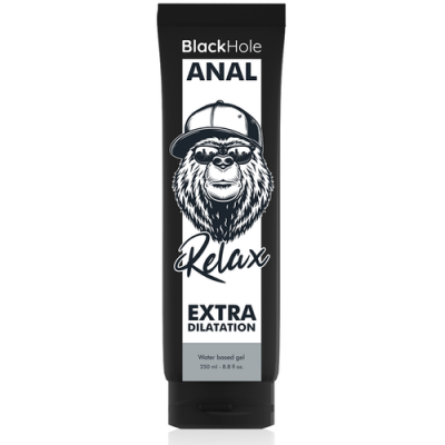 Tubo de gel anal preto e branco com texto e ilustração de urso de boné.