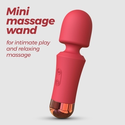 Mini massage wand rosa com botão, texto promocional