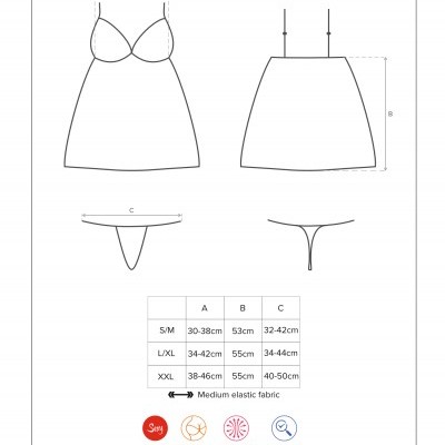 Desenho técnico do babydoll Drimera com medidas e características