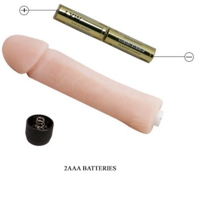 Vibrador cor de pele, pilhas AAA douradas e tampa preta com mola.