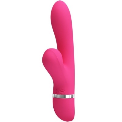 Vibrador rosa em silicone com formato anatómico e detalhe prateado