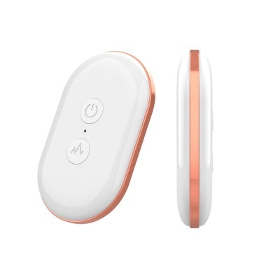 Dispositivo eletrônico oval branco com bordas cor cobre e dois botões