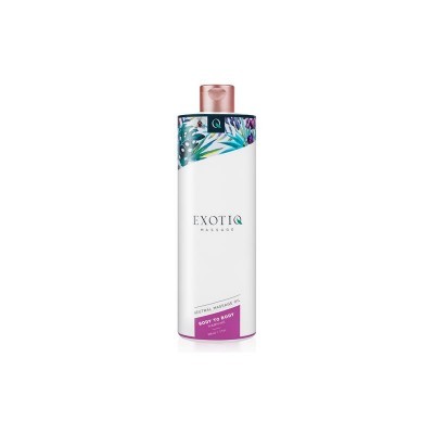 Frasco de óleo de massagem EXOTIQ branco com tampa rosa e padrão floral