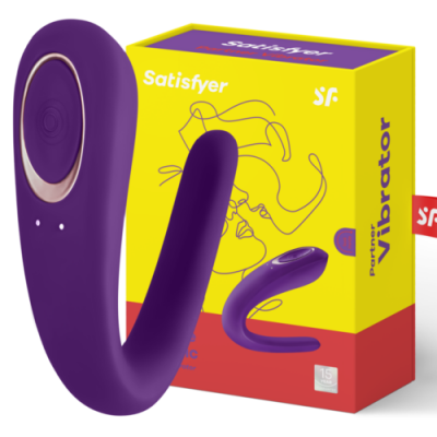 Vibrador curvo roxo com caixa amarela e vermelha Satisfyer