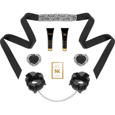 Conjunto de acessórios íntimos pretos com renda e correntes, incluindo venda, tubos de gel, corações de renda e laços com corrente