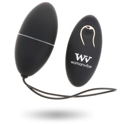 Dispositivo preto em forma de ovo com controlo remoto preto com texto branco WV womanvibe