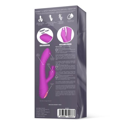 Embalagem de vibrador tipo coelho rosa com texto explicativo em fundo cinzento