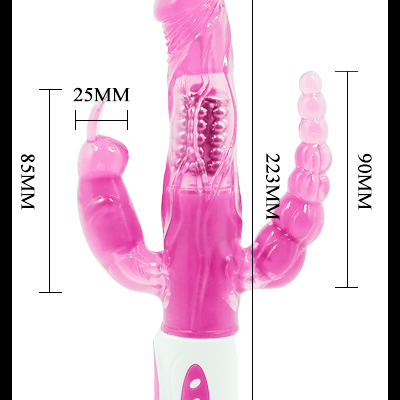 Vibrador rosa translúcido com controlador branco e medidas em milímetros.