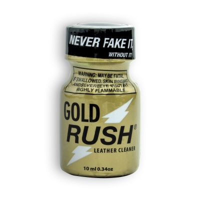 Frasco pequeno dourado de limpa couro Gold Rush com tampa preta e texto preto e branco