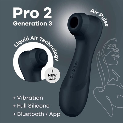 Dispositivo preto Pro 2 Generation 3 com tecnologia Liquid Air, texto promocional e desenho de mulher estilizada