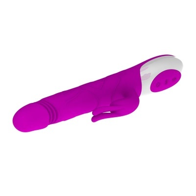 Vibrador roxo anatómico com botão branco e roxo