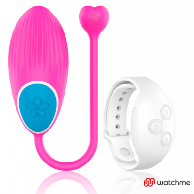 Dispositivo rosa ovular com botão azul, cabo ligado a coração rosa, pulseira branca e logótipo watchme.
