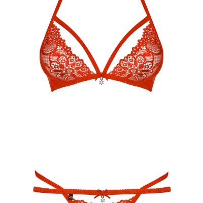 Conjunto de lingerie vermelho em renda floral com tiras finas e pendente brilhante
