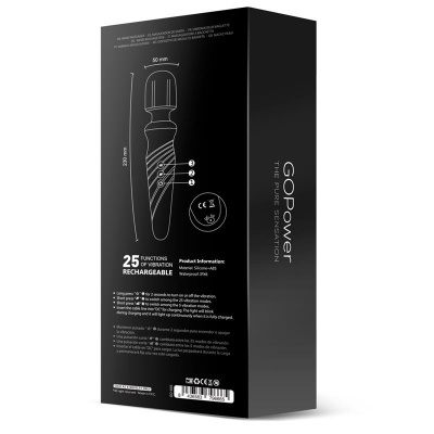 Embalagem preta do produto GO Power com ilustração e texto técnico