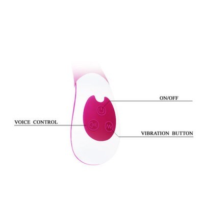 Controlador branco e rosa com botões ON/OFF, VOICE CONTROL e VIBRATION BUTTON