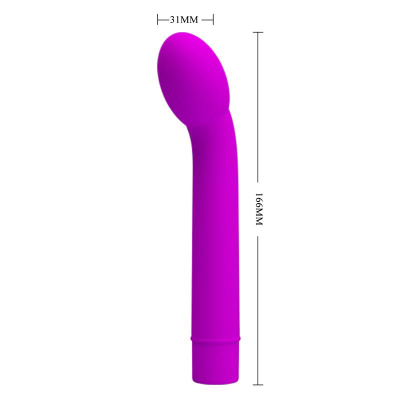 Vibrador roxo de silicone com forma curva e medidas indicadas