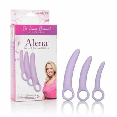 Conjunto de 3 dilatadores de silicone lilás Alena em caixa com imagem de mulher e texto