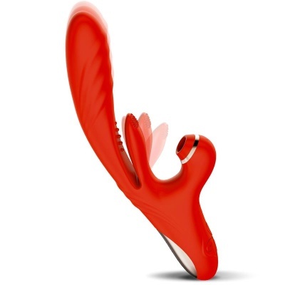 Vibrador vermelho com dupla estimulação e detalhes prateados